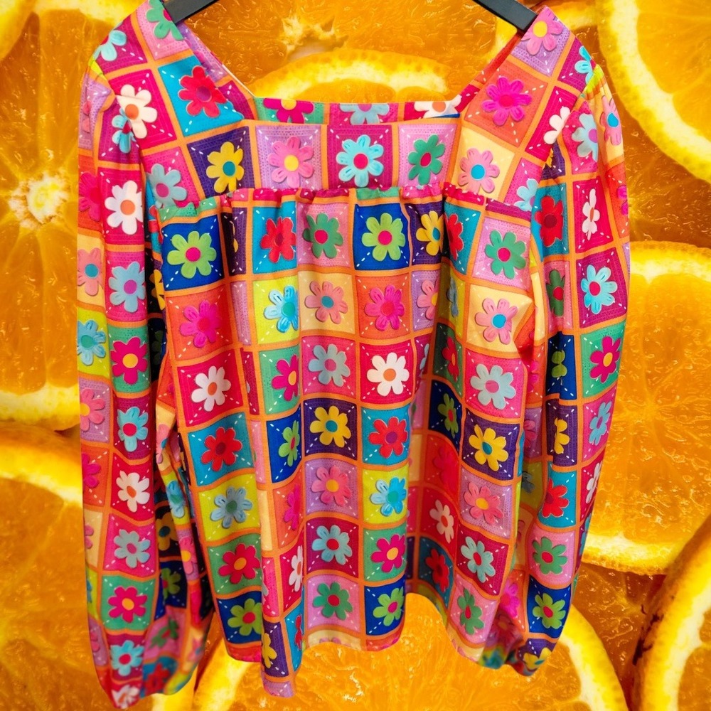 Vibrant Floral Patchwork Square Neck‎ Long Sleeve Blouse Top Colorful Retro - Picture 2 of 8